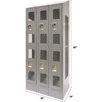 Vented Lockers, 2 -tier, Bank of 3, 36 x 18" x 88", Steel, Grey, Knocked Down, Perforated Duraquip Inc