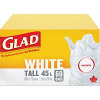 Tall 45L Unscented Garbage Bags, Regular, 24" W x 28" L, White Duraquip Inc