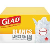 Tall 45L Unscented Garbage Bags, Regular, 24" W x 28" L, White Duraquip Inc