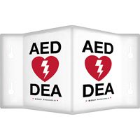 90° Projecting "AED/DEA" Sign, 6" x 5", Plastic, Bilingual with Pictogram Duraquip Inc