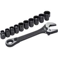 11-Piece Pass-Thru X6 Adjustable Wrench & Spline Socket Set, 13" L, 2-27/50" Max Width, Black Phosphate Duraquip Inc