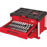 242-Piece 1/4”, 3/8” & 1/2” Drive Metric & SAE Ratchet & Socket Set with PACKOUT 4-Drawer Tool Box, 16-3/10" x 22-1/5" x 14-3/10", Black/Red Duraquip Inc