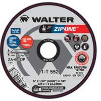 Zip One Cut-Off Wheel, 5" x 1/32", 7/8" Arbor, Type 1, Zirconia Alumina, 12200 RPM Duraquip Inc